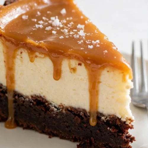 Whole caramel brownie cheesecake with dripping salted caramel on a white cake stand