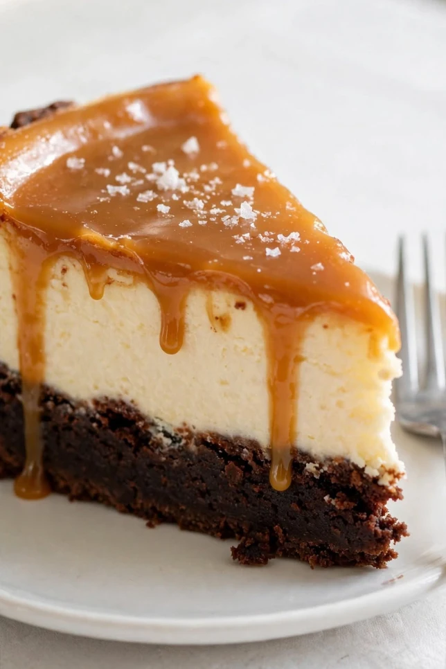 Whole caramel brownie cheesecake with dripping salted caramel on a white cake stand