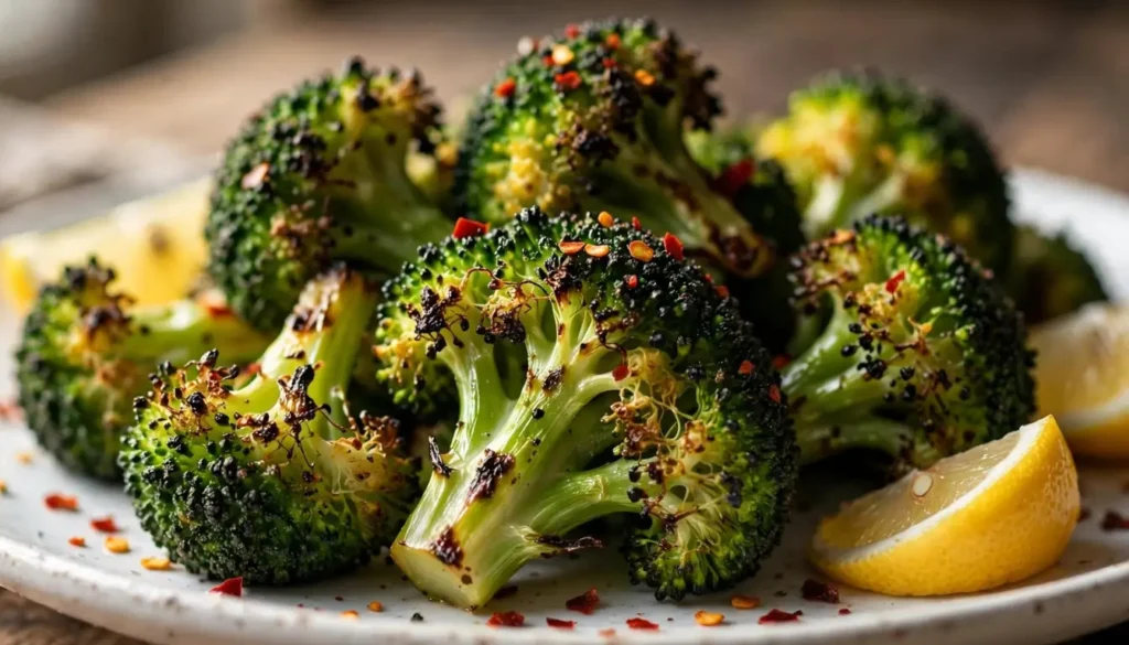 Crispy roasted frozen broccoli florets served on a white plate with lemon wedges and red pepper flakes