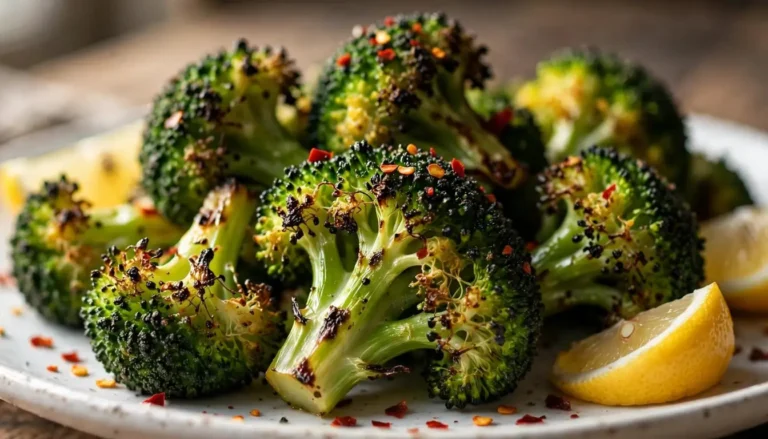 Crispy roasted frozen broccoli florets served on a white plate with lemon wedges and red pepper flakes