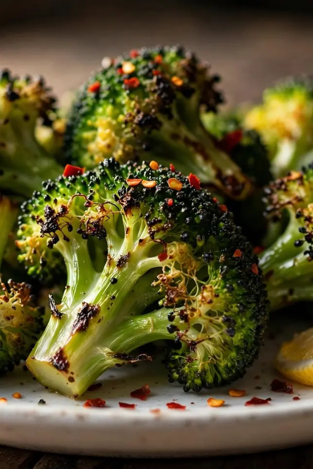 Crispy roasted frozen broccoli florets served on a white plate with lemon wedges and red pepper flakes
