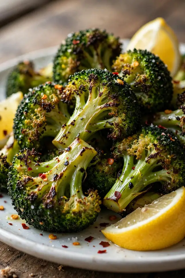 Crispy roasted frozen broccoli florets served on a white plate with lemon wedges and red pepper flakes