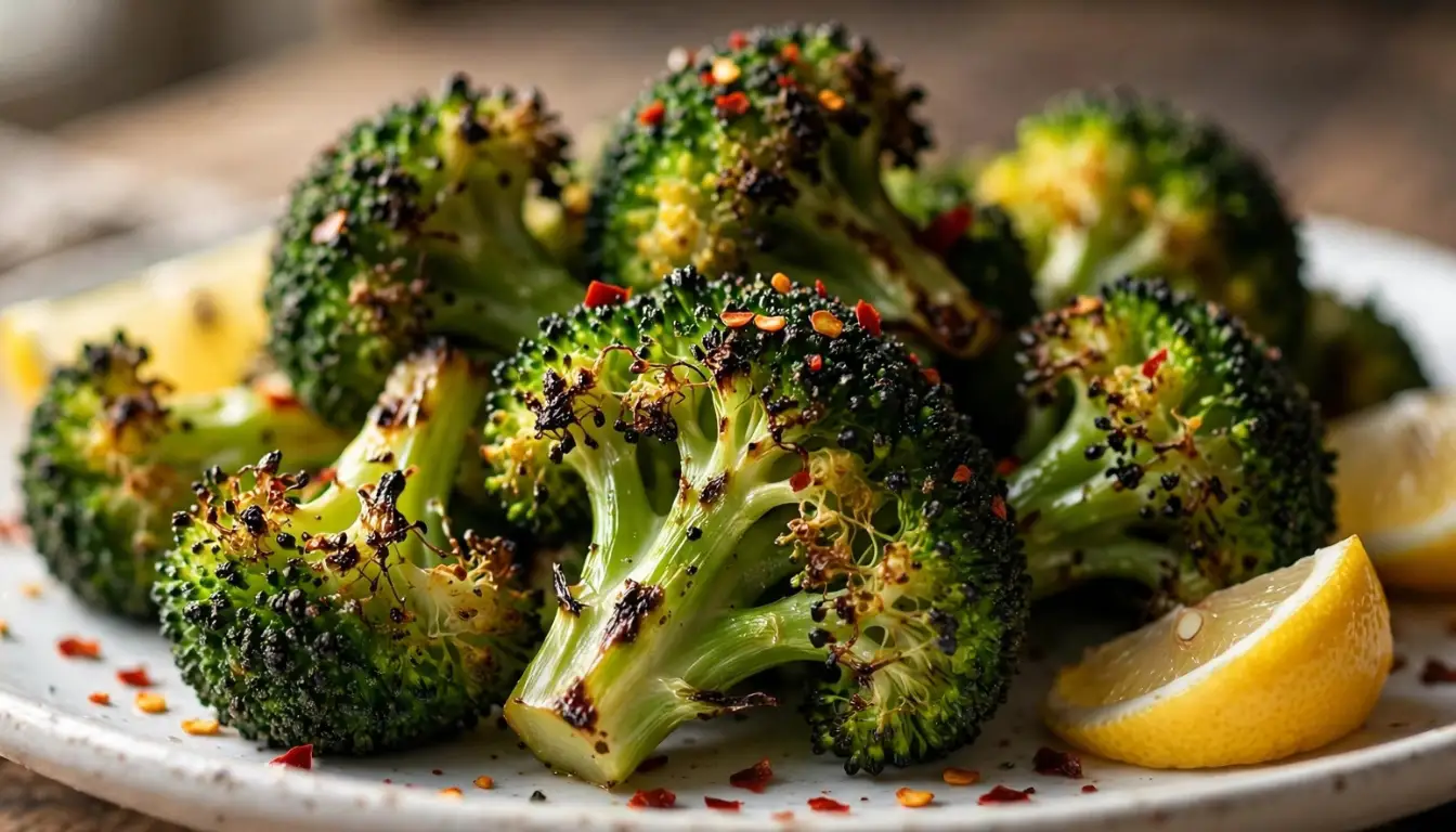Crispy roasted frozen broccoli florets served on a white plate with lemon wedges and red pepper flakes