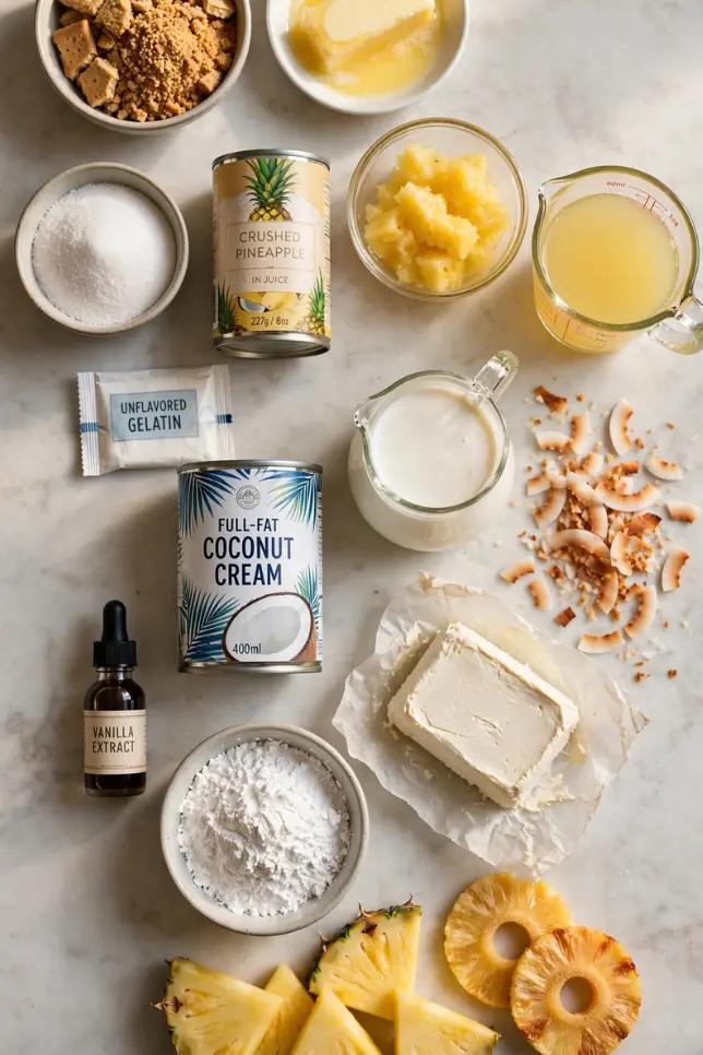 Flat lay of pineapple, coconut, cream cheese, and other ingredients for mousse cake