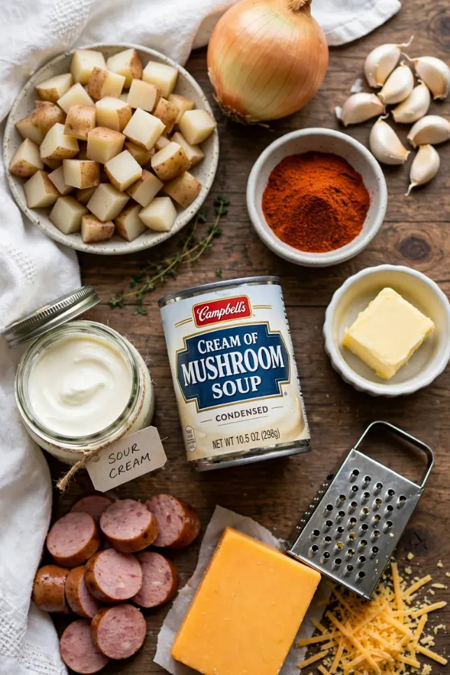 Fresh ingredients for kielbasa cheesy potato casserole laid out on a wooden table