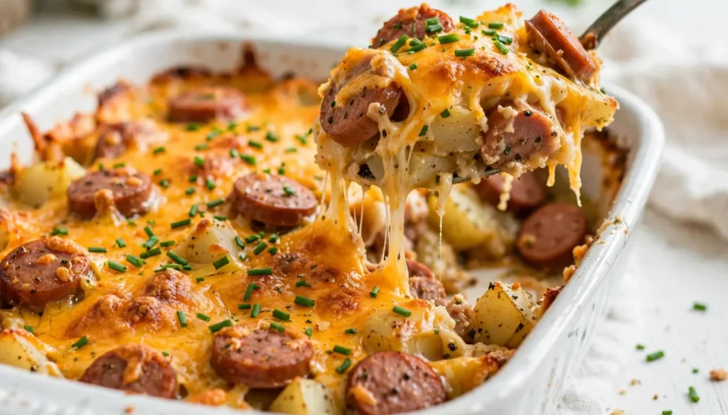 Baked kielbasa sausage cheesy potato casserole with golden melted cheddar and chives in a white dish