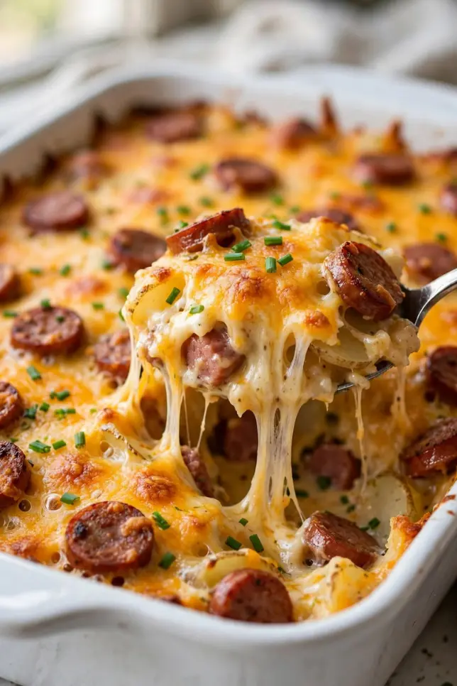 Baked kielbasa sausage cheesy potato casserole with golden melted cheddar and chives in a white dish