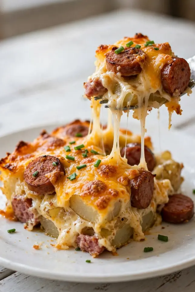 Baked kielbasa sausage cheesy potato casserole with golden melted cheddar and chives in a white dish