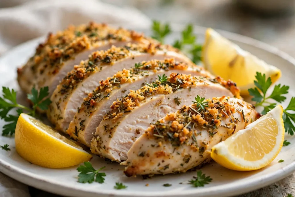Sliced lemon garlic baked chicken breast on a white plate with lemon wedges