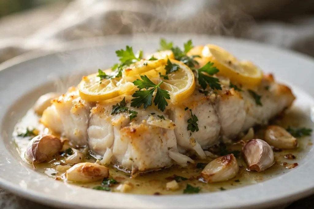 Baked cod fillet topped with lemon slices and parsley on a white plate