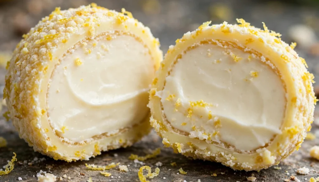 Homemade lemon truffles coated in powdered sugar arranged on a white marble board with fresh lemon halves and zest