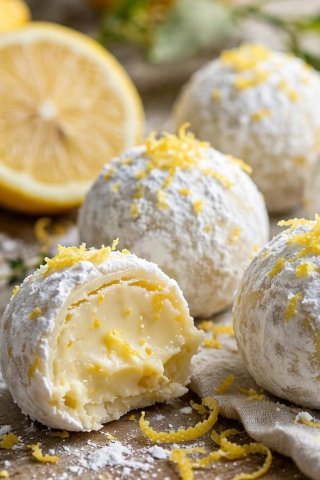 Homemade lemon truffles coated in powdered sugar arranged on a white marble board with fresh lemon halves and zest