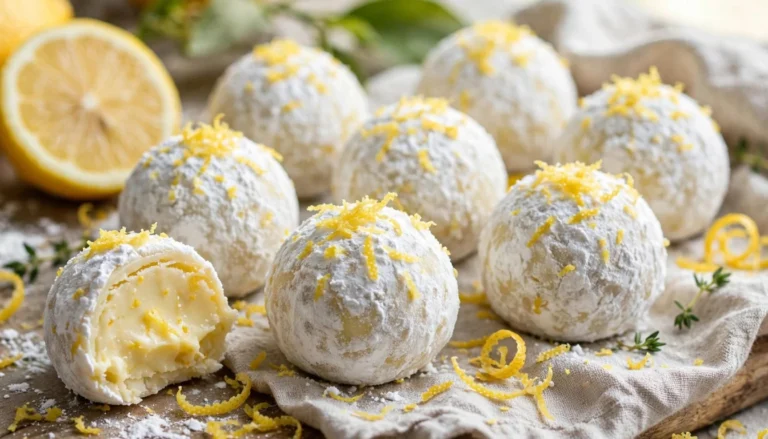 Homemade lemon truffles coated in powdered sugar arranged on a white marble board with fresh lemon halves and zest