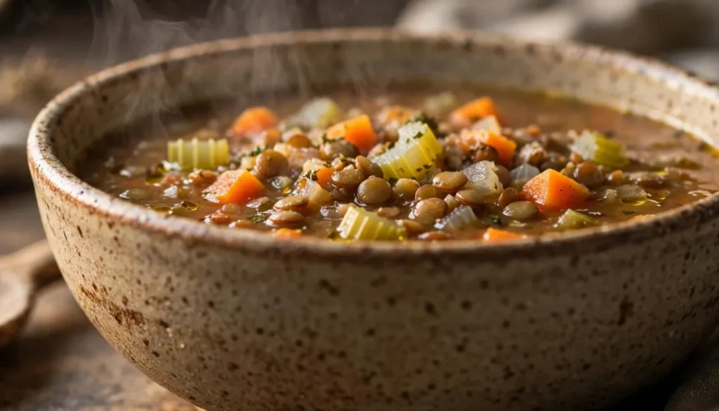 Bowl of lentil and vegetable soup with carrots and celery