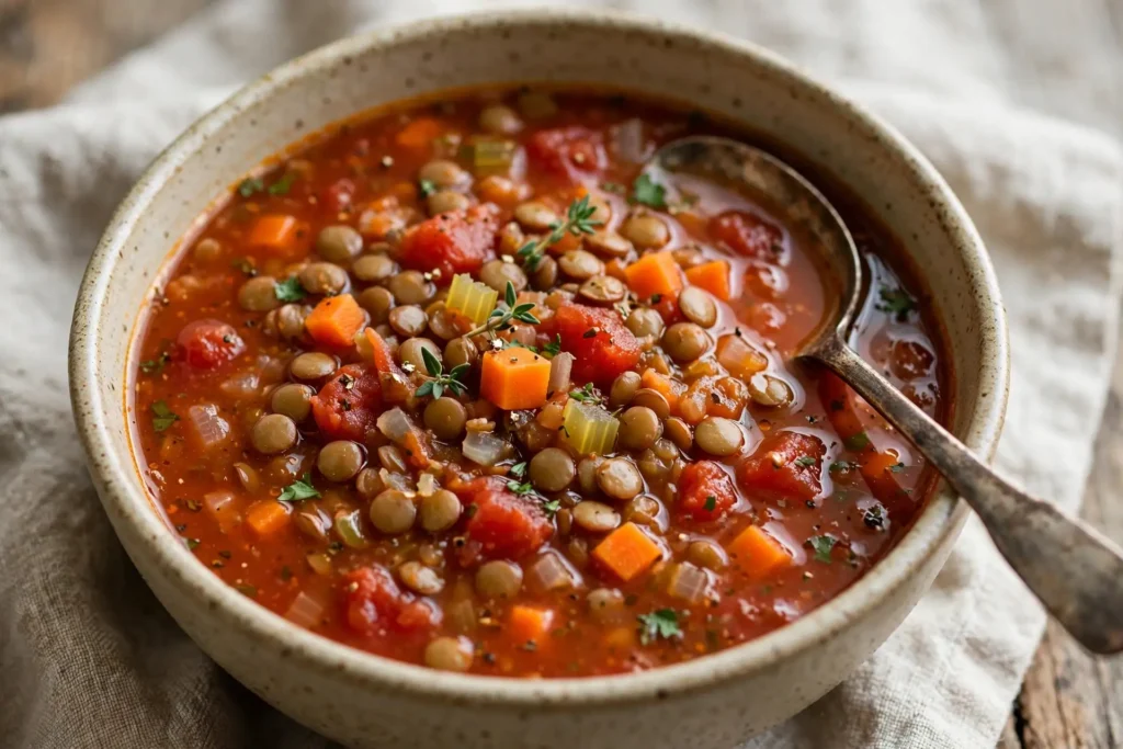 Bowl of lentil soup with tomatoes and carrots