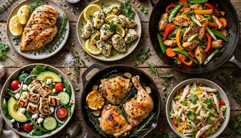 Overhead spread of six low-calorie chicken dishes on a wooden table