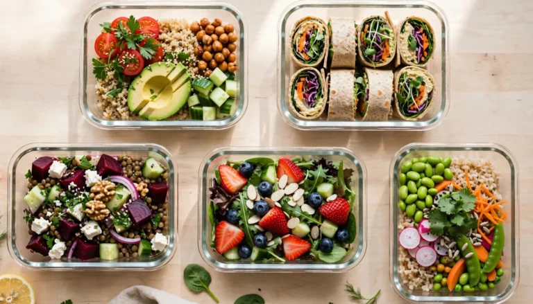 Overhead flat-lay of several meal-prep containers filled with colorful, portioned lunches, ready to grab and go