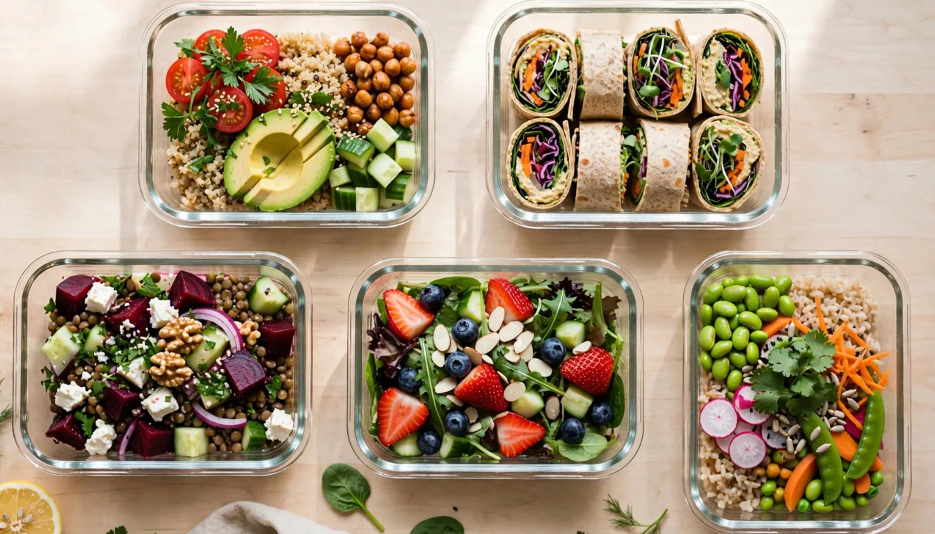 Overhead flat-lay of several meal-prep containers filled with colorful, portioned lunches, ready to grab and go