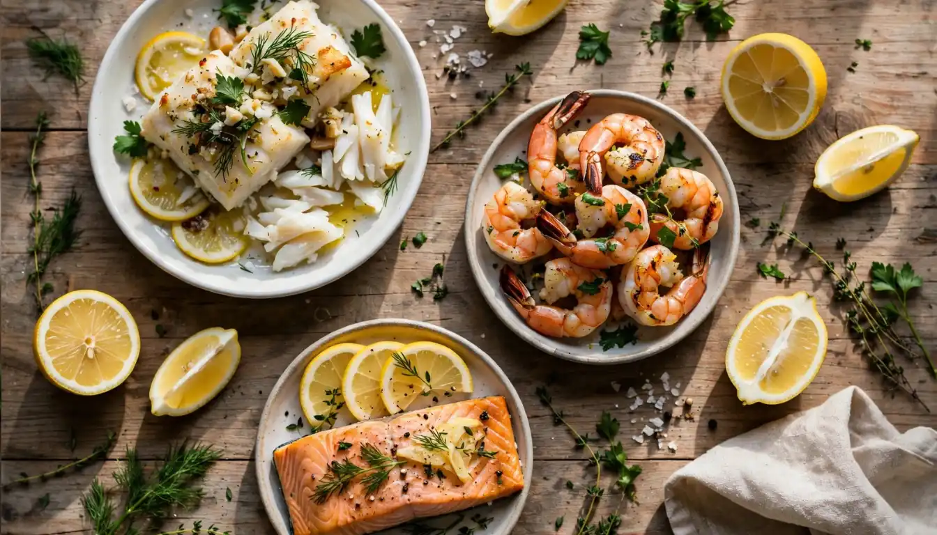 Assorted low-calorie seafood dishes including baked cod, shrimp, and salmon arranged on a wooden table