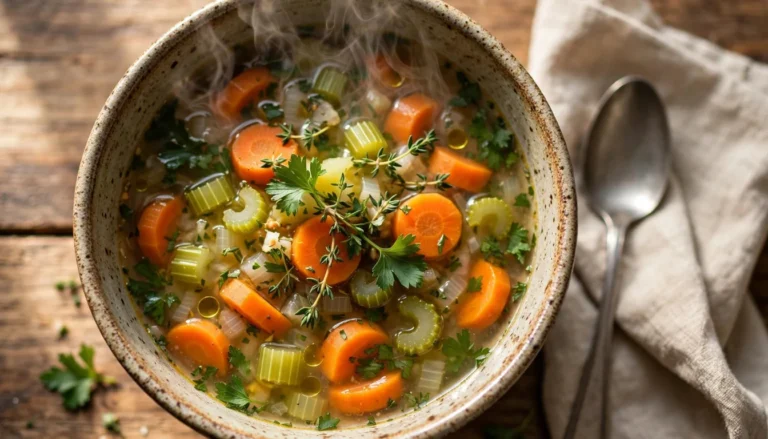 Bowl of low-calorie vegetable soup on a wooden table