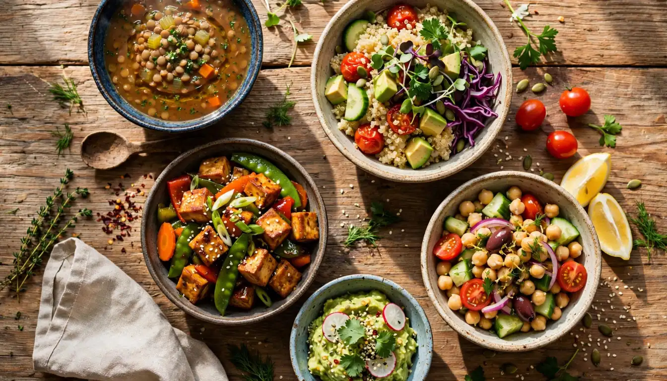 Overhead spread of colorful low-calorie vegan dishes on a wooden table