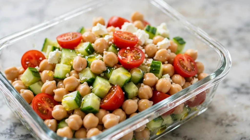Close-up of a chickpea, cucumber, tomato, and feta bowl in a glass container