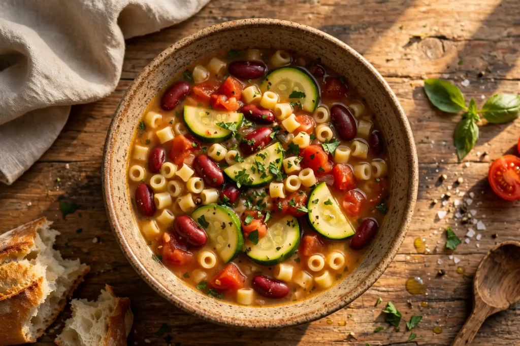 Bowl of minestrone soup with pasta, beans, and zucchini