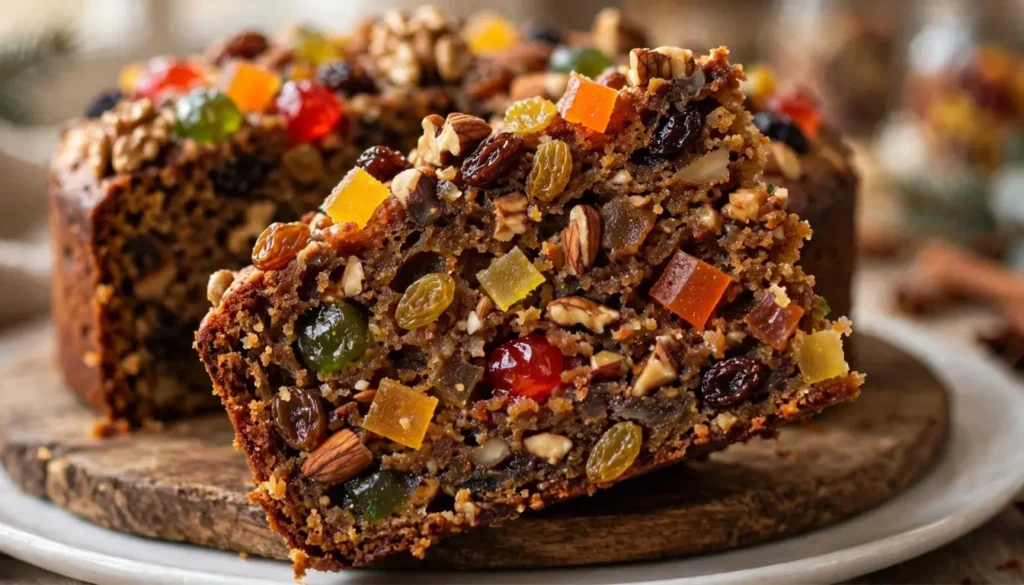 Whole moist fruit cake studded with candied fruit and nuts on a wooden board