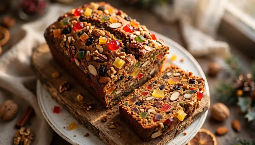 Whole moist fruit cake studded with candied fruit and nuts on a wooden board