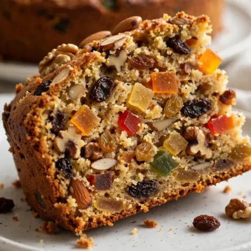 Whole moist fruit cake studded with candied fruit and nuts on a wooden board