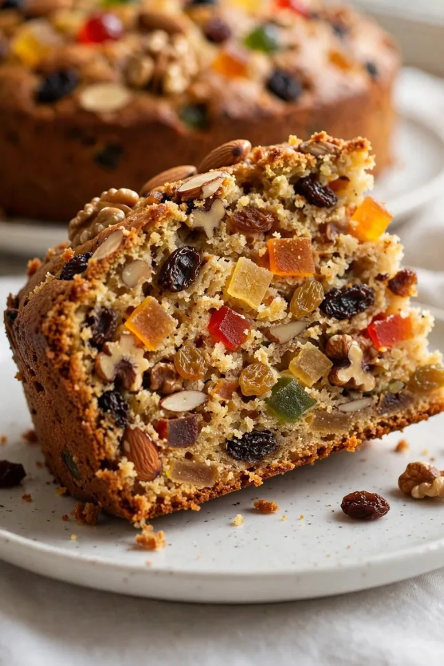 Whole moist fruit cake studded with candied fruit and nuts on a wooden board