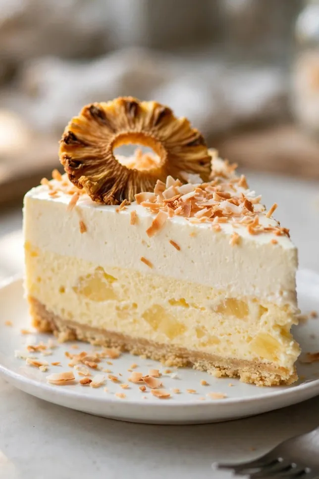 Pineapple coconut mousse cake topped with whipped cream and toasted coconut flakes