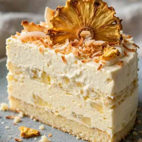 Pineapple coconut mousse cake topped with whipped cream and toasted coconut flakes