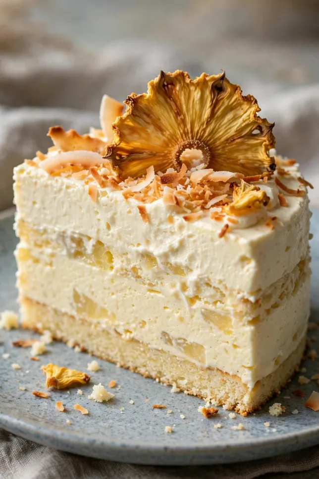 Pineapple coconut mousse cake topped with whipped cream and toasted coconut flakes