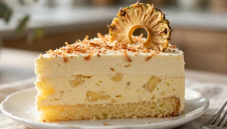Pineapple coconut mousse cake topped with whipped cream and toasted coconut flakes