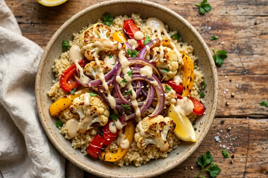 Roasted vegetable quinoa bowl with tahini drizzle