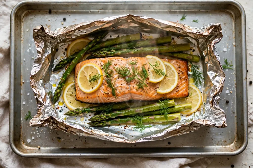 Salmon fillet and asparagus in an open foil packet with lemon and dill