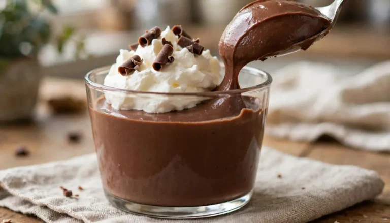 Homemade chocolate pudding in glass cups topped with whipped cream and chocolate shavings