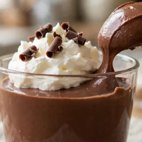 Homemade chocolate pudding in glass cups topped with whipped cream and chocolate shavings