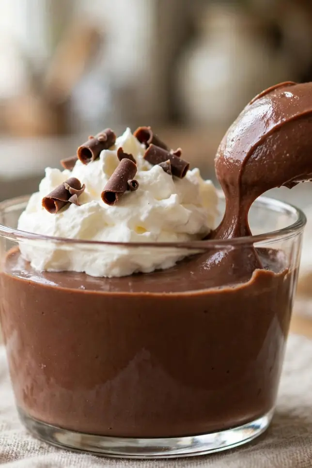 Homemade chocolate pudding in glass cups topped with whipped cream and chocolate shavings
