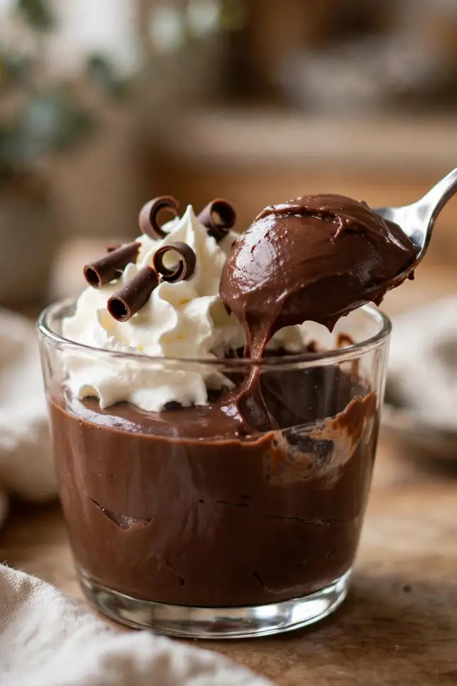Homemade chocolate pudding in glass cups topped with whipped cream and chocolate shavings