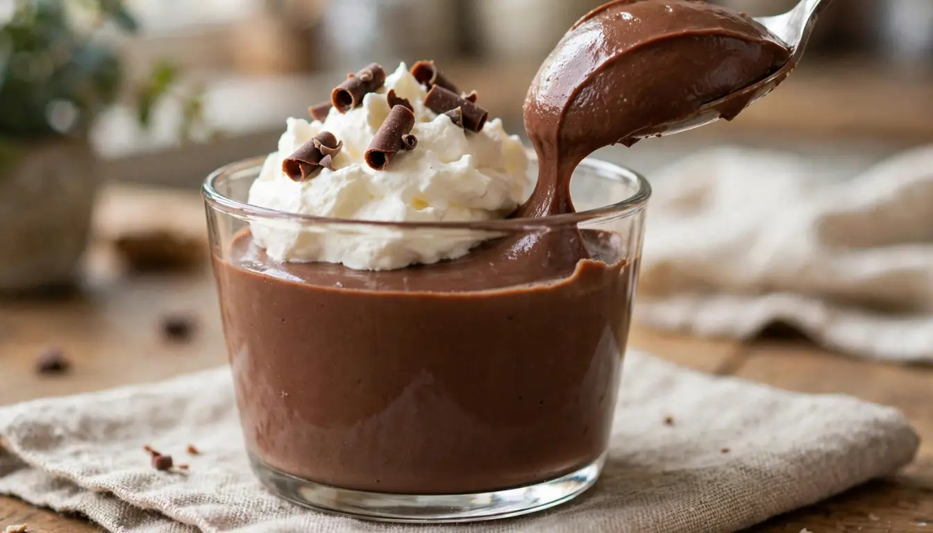 Homemade chocolate pudding in glass cups topped with whipped cream and chocolate shavings