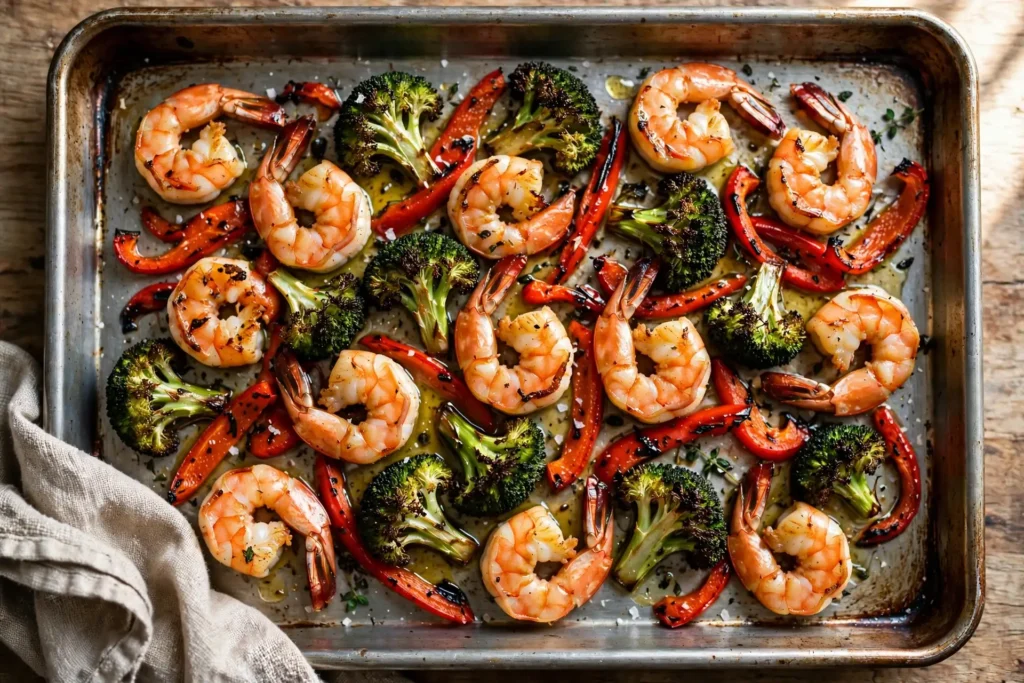 Roasted shrimp with broccoli and red bell pepper on a sheet pan