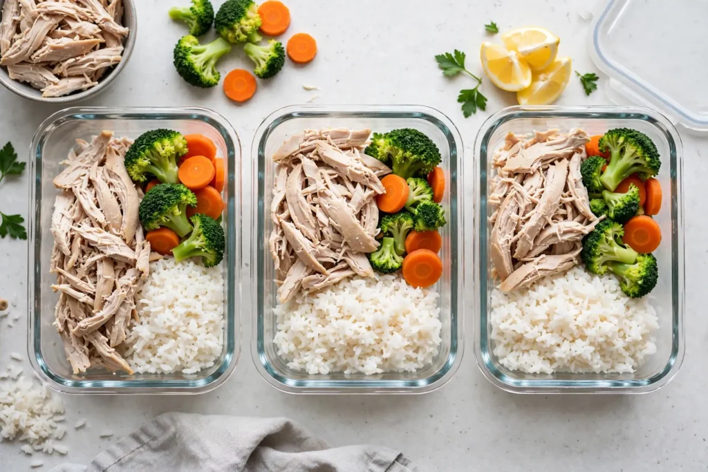 Shredded chicken in glass meal prep containers with vegetables
