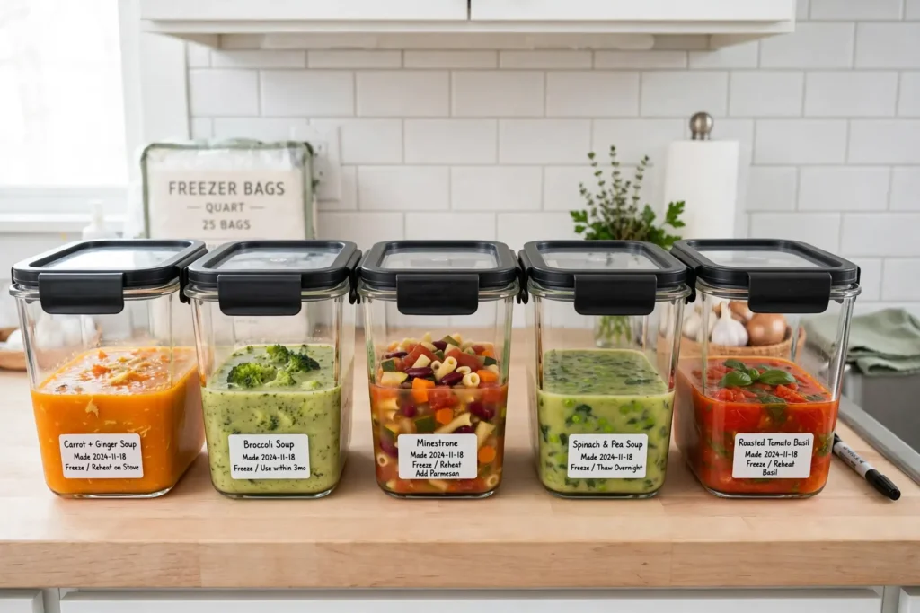 Meal prep containers filled with low-calorie soup for the freezer
