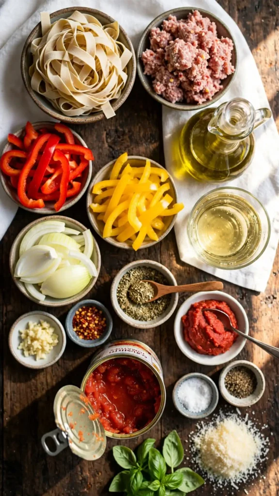 Ingredients for spicy Italian drunken noodles including pappardelle, Italian sausage, peppers, tomatoes, and basil