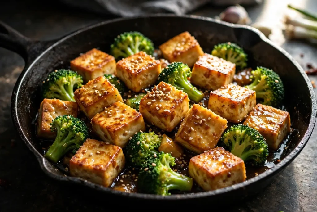 Tofu and broccoli stir-fry in a skillet