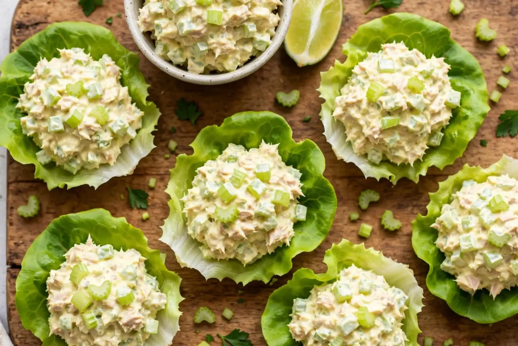 Butter lettuce leaves filled with tuna salad and celery