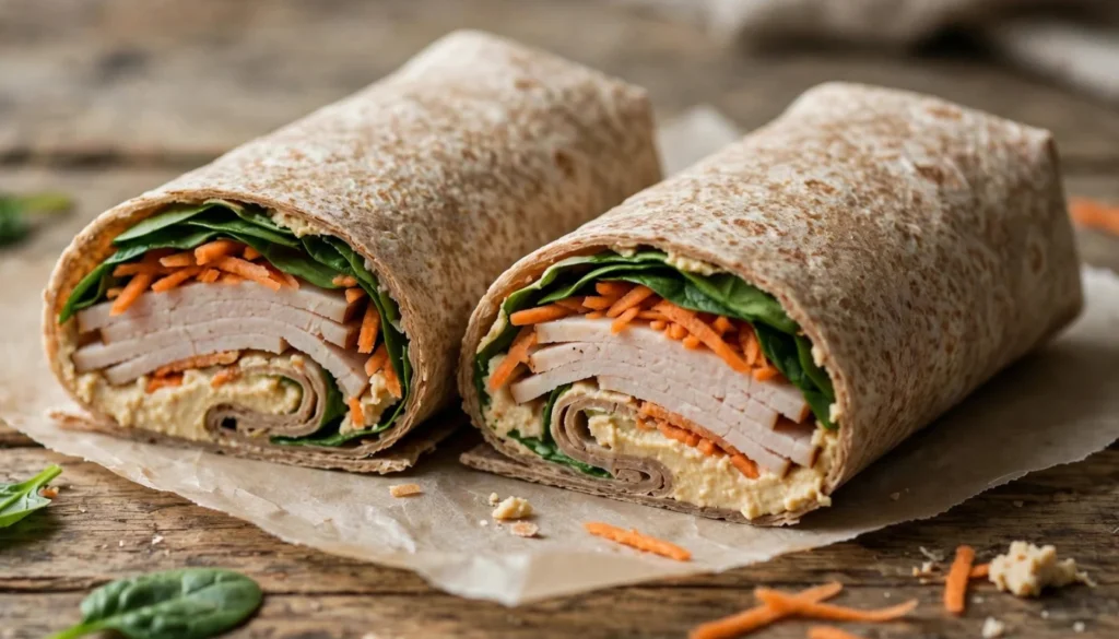 A whole wheat wrap sliced diagonally, showing turkey, spinach, and shredded carrot filling.