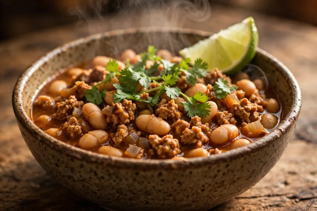 Bowl of turkey and white bean chili topped with lime and cilantro